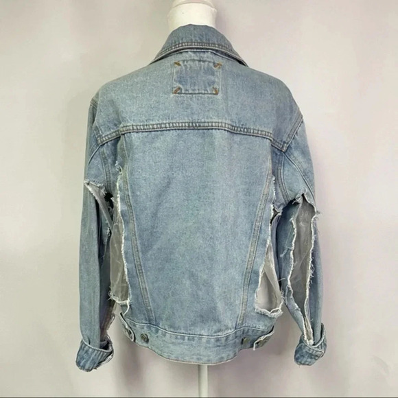 Pull & Bear Mesh Distressed Light Wash Denim Jean Jacket S - Picture 9 of 11